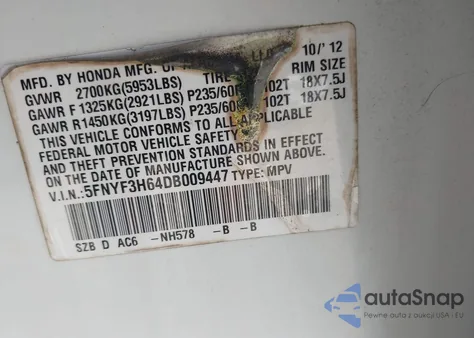 2013 Honda Pilot Ex-L from USA, damaged, VIN 5FNYF3H64DB009447